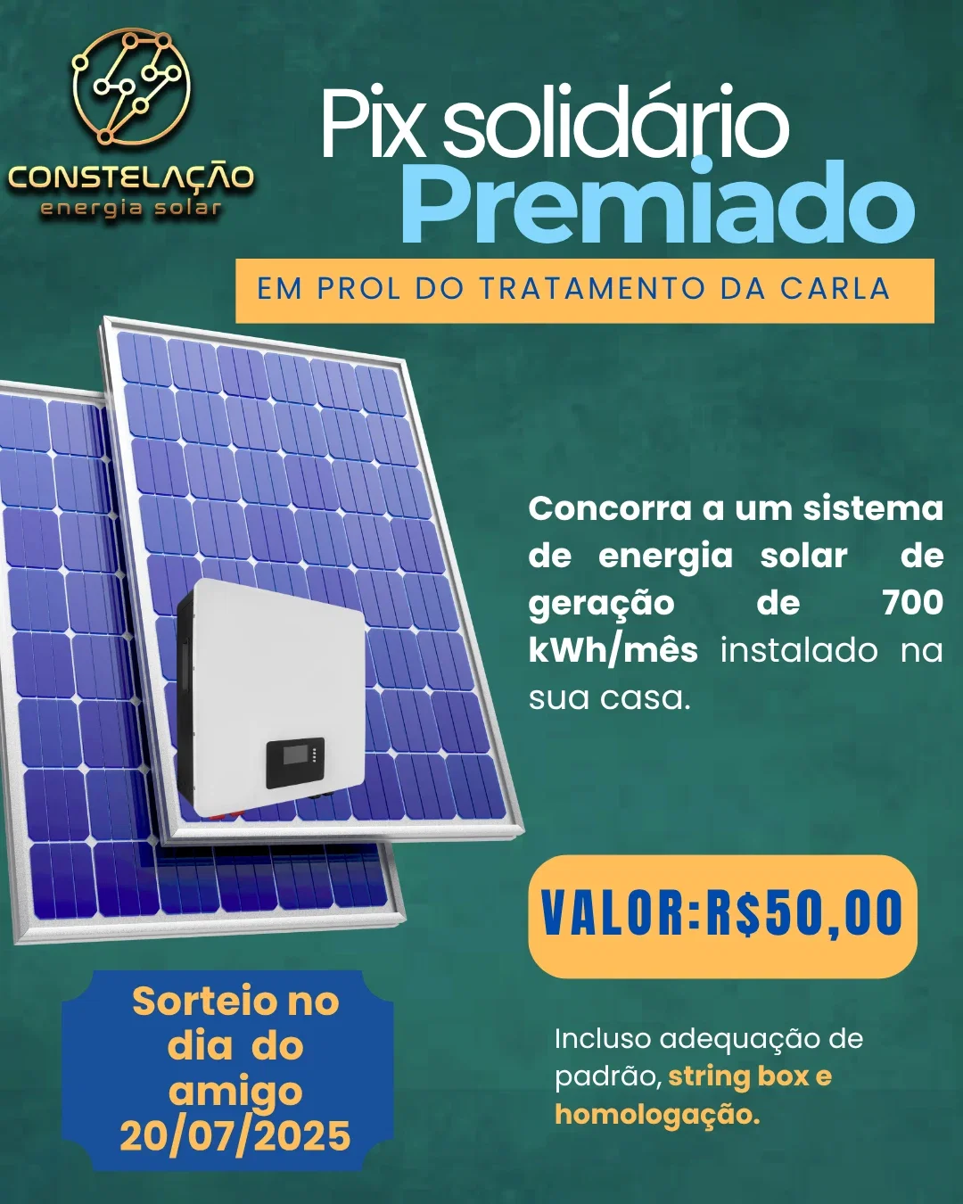 PIX SOLIDÁRIO CARLA - SISTEMA DE ENERGIA SOLAR DE 700 KWH