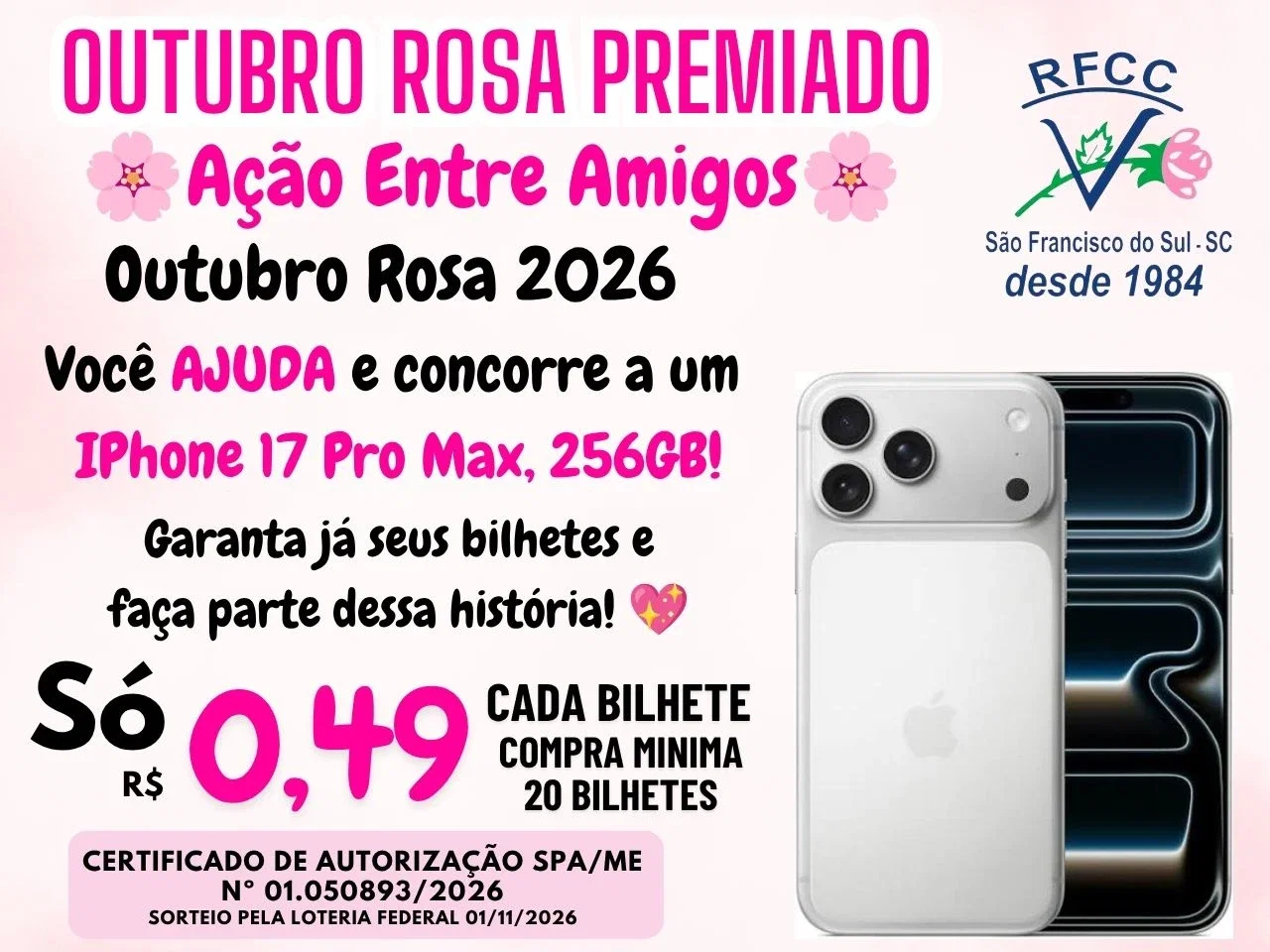 Outubro Rosa 2026📱 Compra mínima 20 bilhetes, cada bilhete sai 🌸